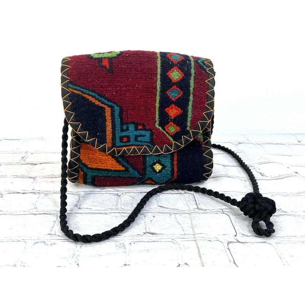 vtg Persian gilim hand woven wool kilim tribal messenger rug‎ bag sz M